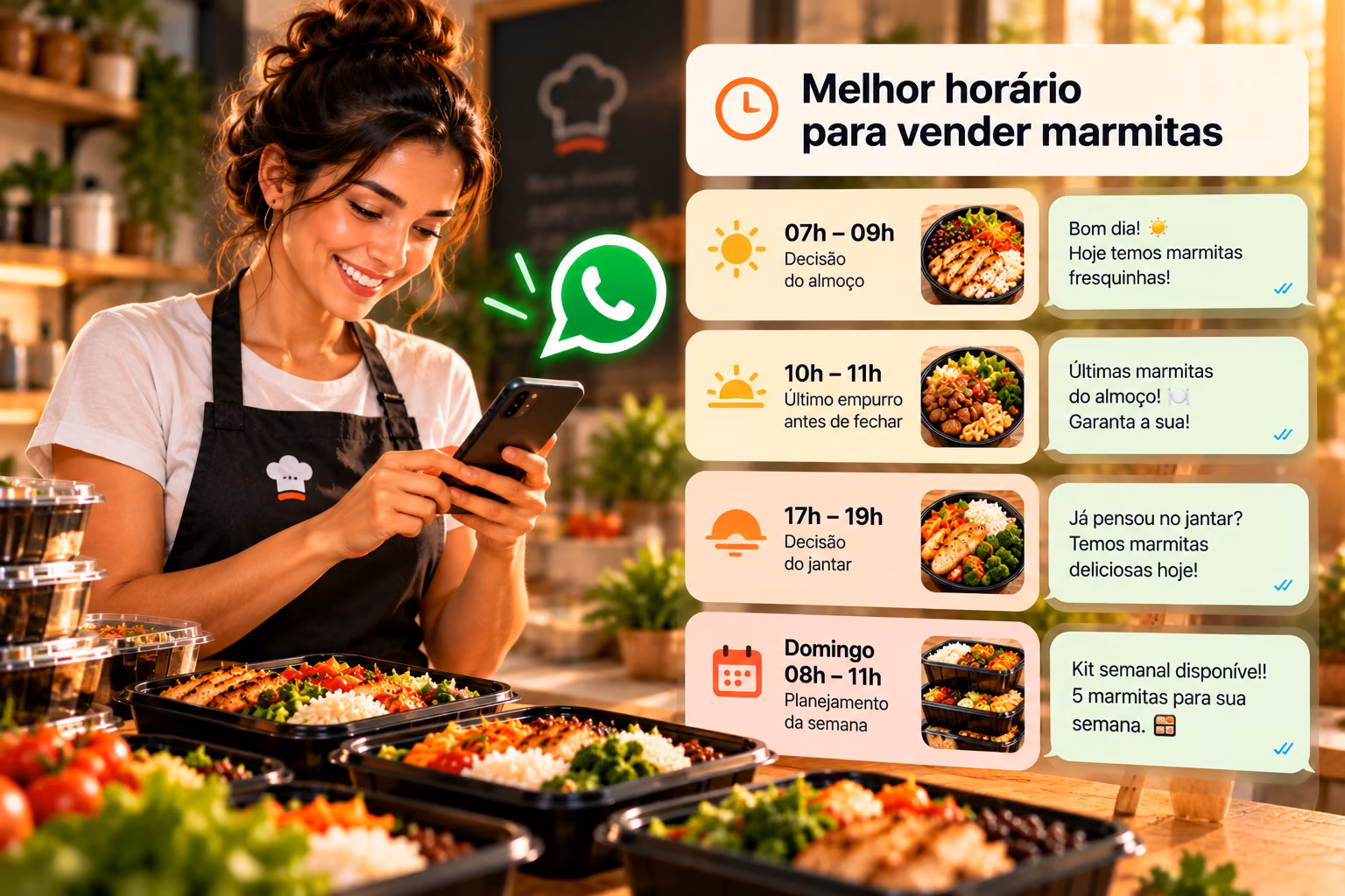 Vendedora programando os status do WhatsApp na semana no celular, com o relógio mostrando os horários de envio e o cardápio online do kit da semana