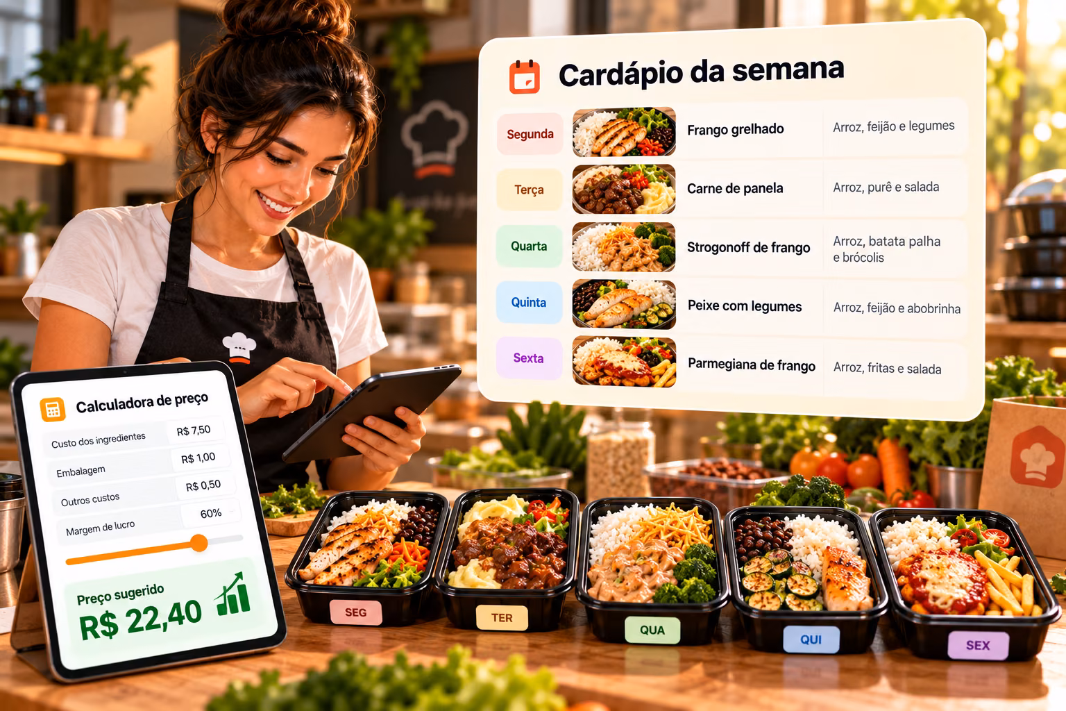 Vendedora montando o cardápio da semana no tablet, com os potes de marmita etiquetados de segunda a sexta na bancada e a calculadora de preço mostrando o preço sugerido