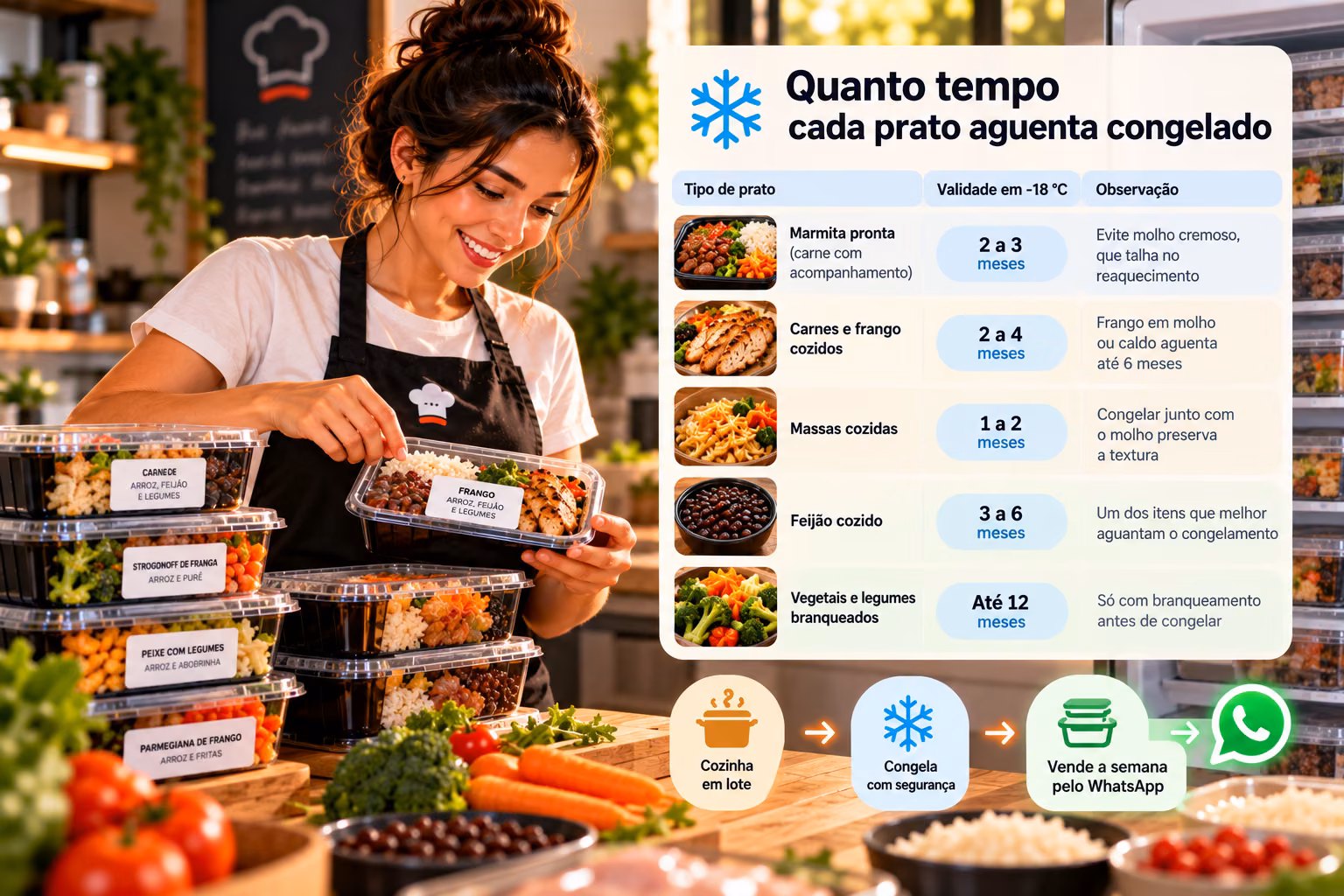 Vendedora organizando o freezer por dia da entrega, com os potes de marmita etiquetados com data de preparo e validade, e a tabela de validade de cada prato na bancada