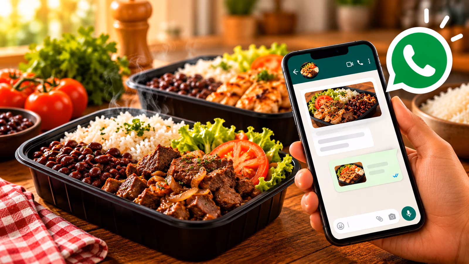 Marmita caseira com arroz, feijão e carne ao lado de um celular com conversa de WhatsApp aberta