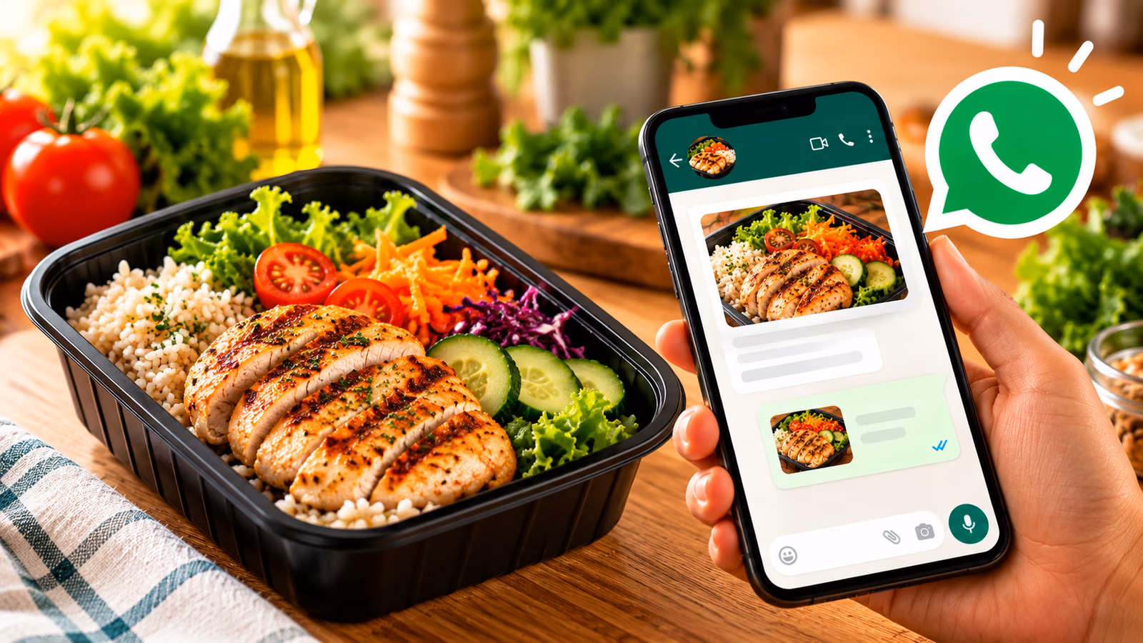 Marmita fit com frango grelhado, grão-de-bico e salada ao lado de um celular com conversa de WhatsApp aberta