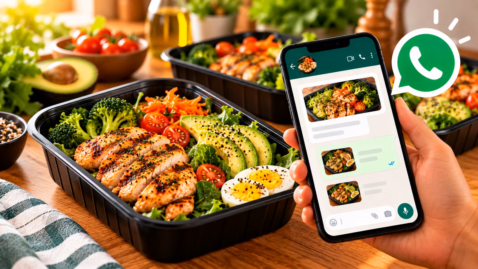 Marmita low card com frango, abacate e legumes ao lado de um celular com conversa de WhatsApp aberta