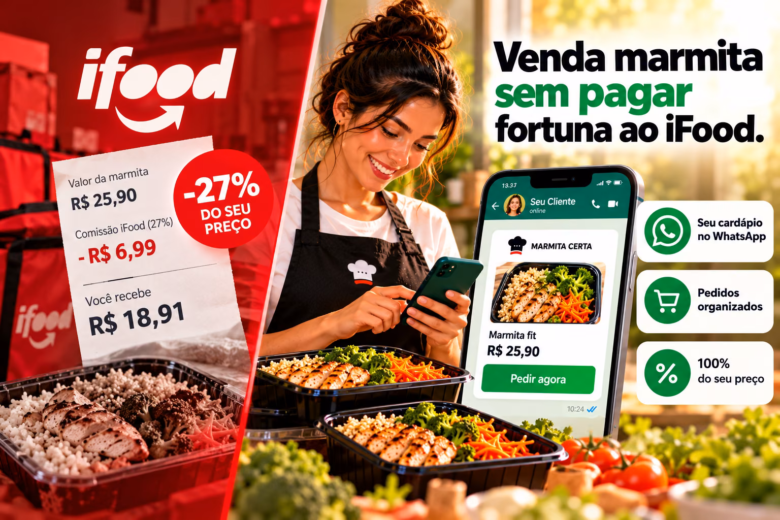 Vendedora de marmitas contando o dinheiro do mês na mesa da cozinha, com a calculadora mostrando que o custo fixo do cardápio online sai por R$\u00A024,90 enquanto a comissão do iFood come a margem de cada pedido