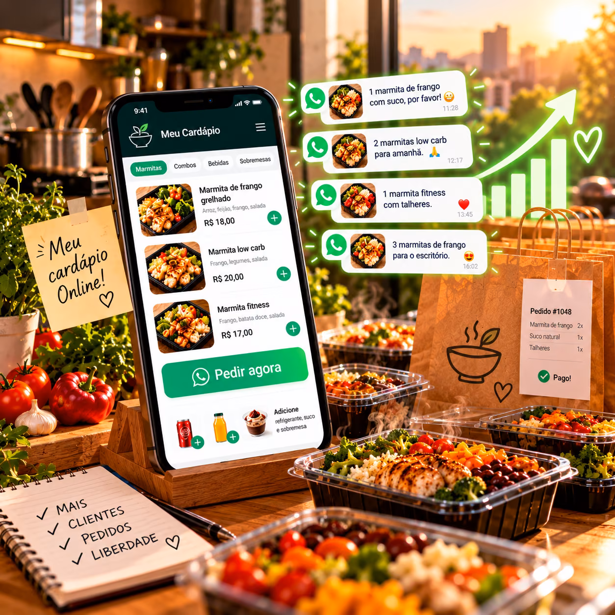 Celular com o cardápio online aberto e pedidos de marmita chegando pelo WhatsApp