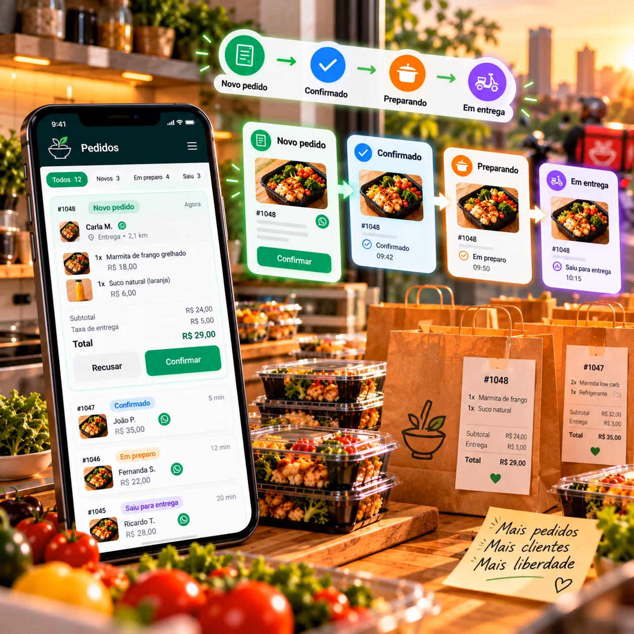 Celular com a lista de pedidos e o fluxo novo pedido, confirmado, preparando e em entrega