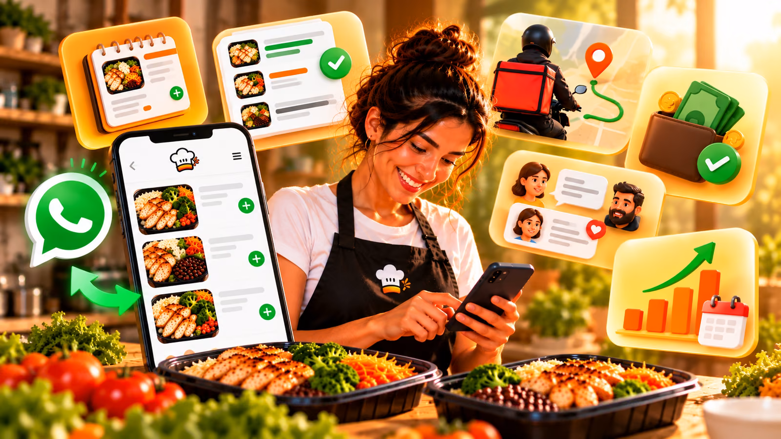 Interface do app Marmita Certa mostrando cardápio no celular e pedidos organizados chegando pelo WhatsApp