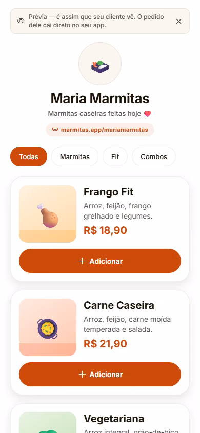 Prévia do cardápio do cliente com categorias e marmitas à venda