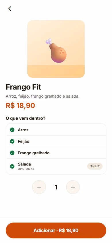 Página de produto do cliente com itens, quantidade e botão adicionar