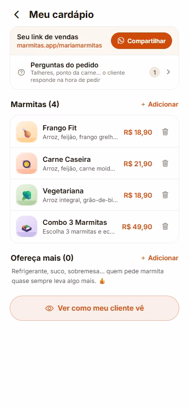 Tela Meu cardápio do app: link de vendas marmitas.app/mariamarmitas, lista de marmitas com foto, preço e botão para adicionar ao cardápio