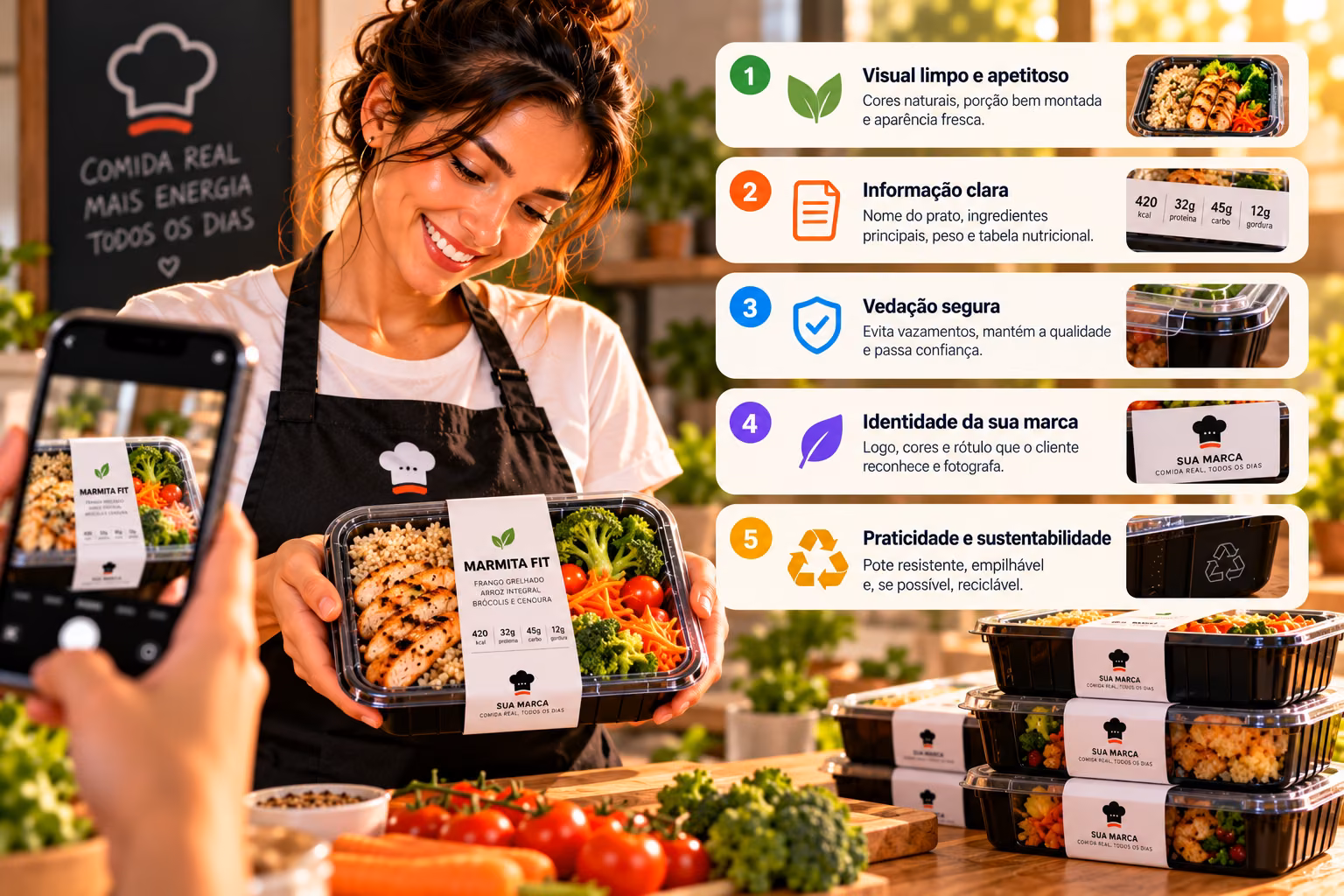 Vendedora de marmita fit montando o pote de polipropileno com vedação, com a etiqueta de macros colada mostrando proteína, carboidrato e calorias, e o cardápio online no celular ao lado