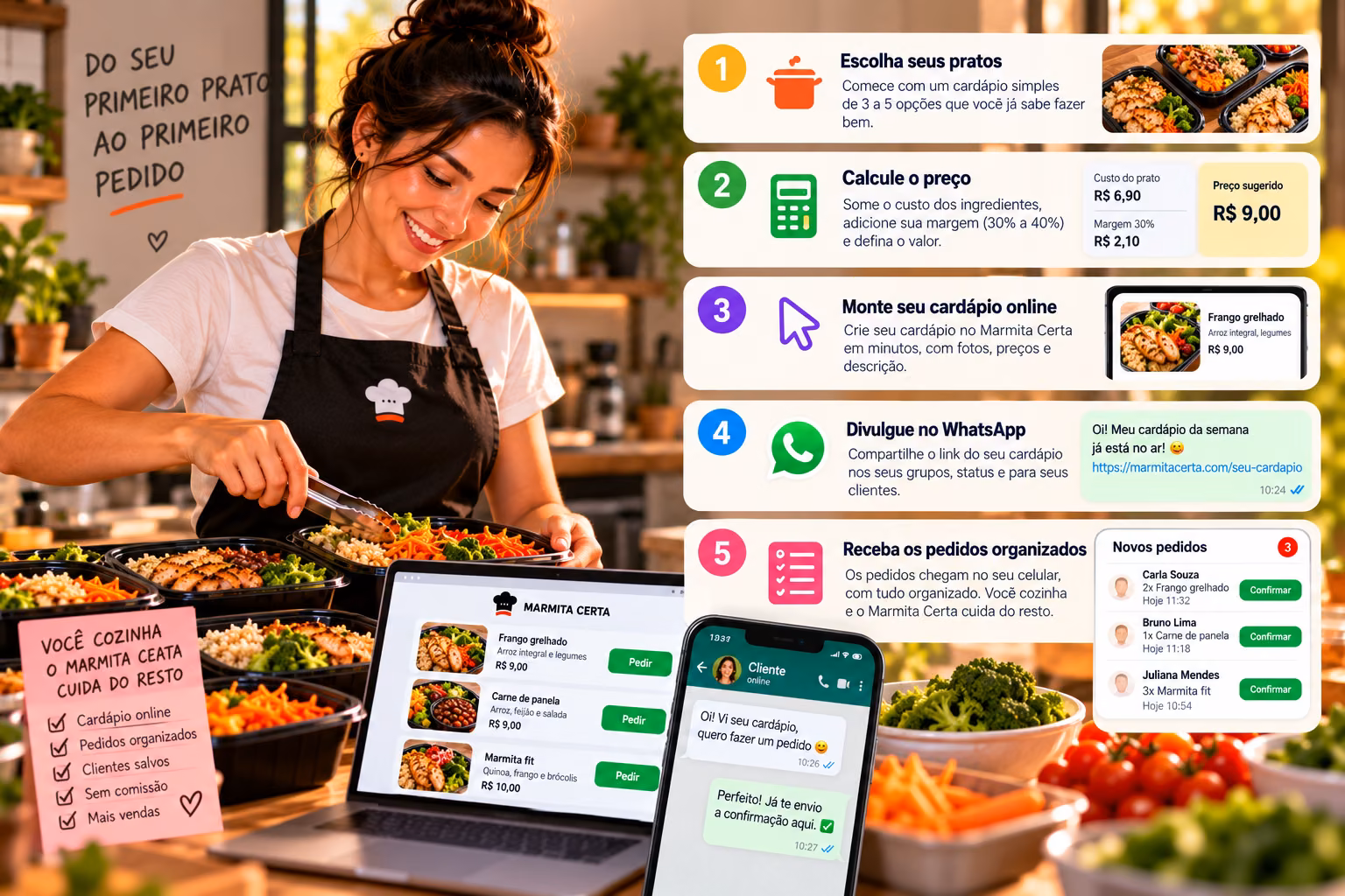 Vendedora de marmitas montando o cardápio na cozinha de casa, com as marmitas etiquetadas na bancada, a balança digital e o cardápio online aberto no celular